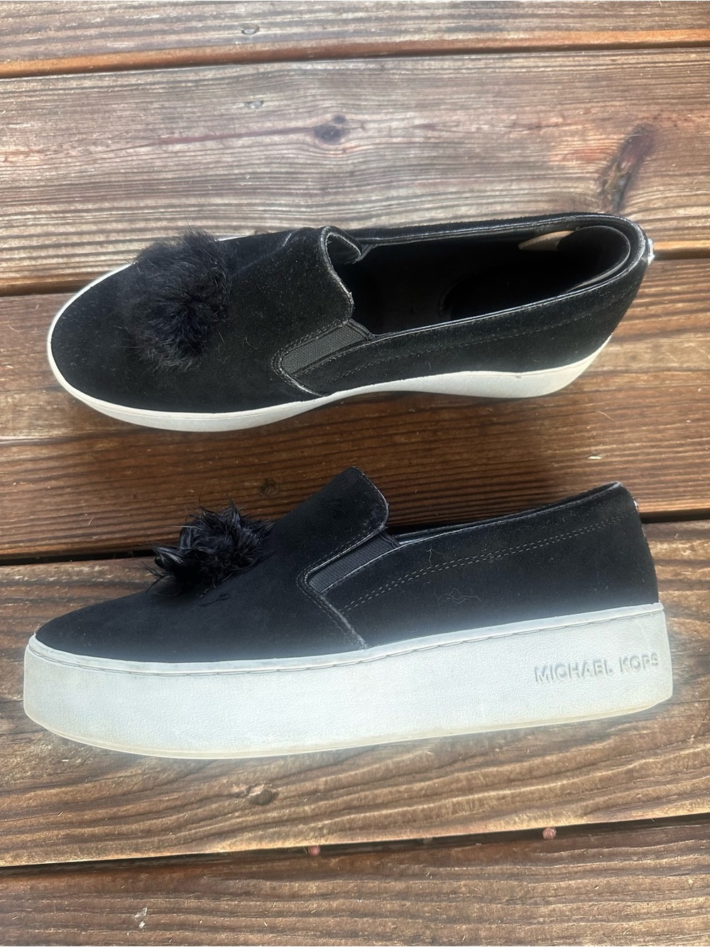 Michael Kors Black Slip-On Platform Sneakers with Pom Detail